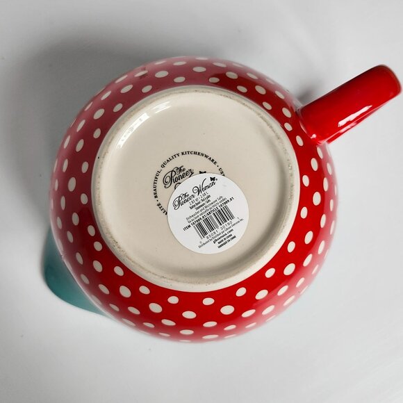 Pioneer Woman Batter Mixing Bowl Turquoise/Red Polka Dot Stoneware 2.83 QT Spout - Picture 6 of 7